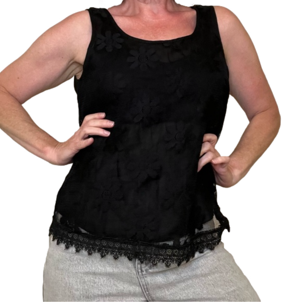 Black Sheer Lace Daisy Flower Sleeveless Top with Open Back S/M